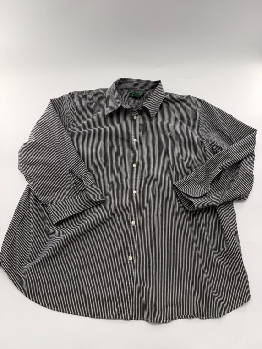 LAUREN Ralph Lauren Green Label Plus Size Grey White Striped Button Up Shirt 2X